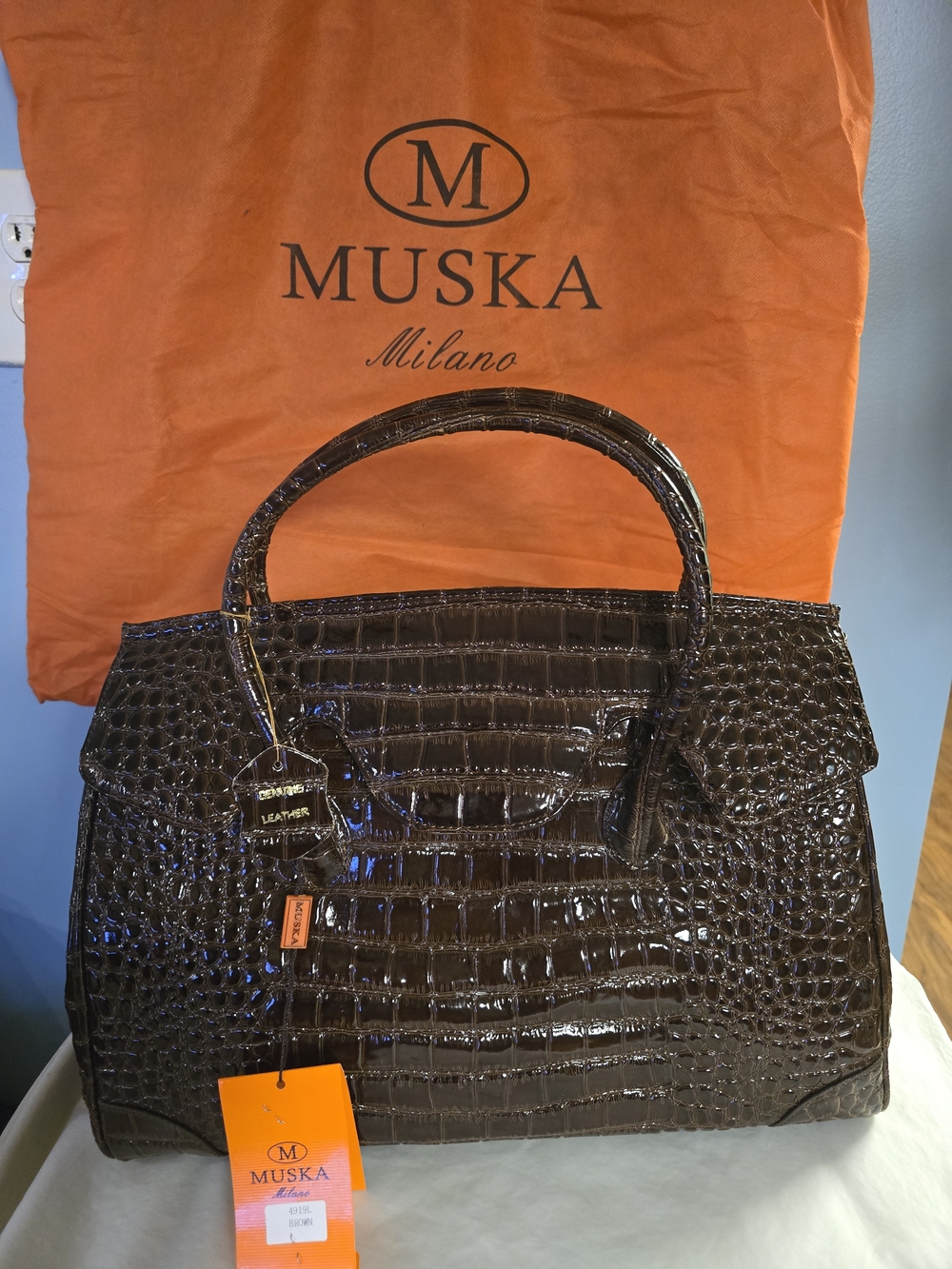 Croc-Embossed Satchel in Dark Brown